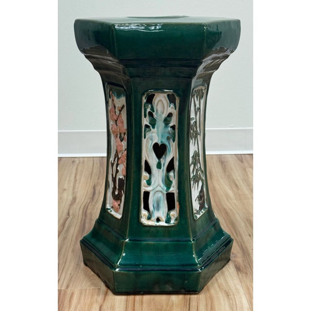Vintage Majolica Style Green Glazed Garden Stool For Sale In Kansas City - Image 6 of 9