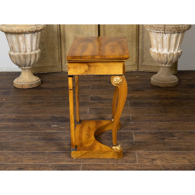 19th Century Biedermeier Walnut Console Table with Large Volutes, Pilasters and Gilt Accents For Sale - Image 10 of 12