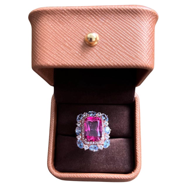 Classical Roman Bochic “Capri” Vintage Emerald Shape Pink Topaz & Tanzanite - 18K Gold & Silver For Sale - Image 3 of 13