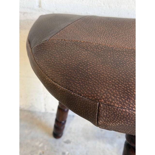 Mid-Century Modern Three-Leg Brown Leather Ottoman Footstool Danish Mid-Century Modern 1970s For Sale - Image 3 of 8