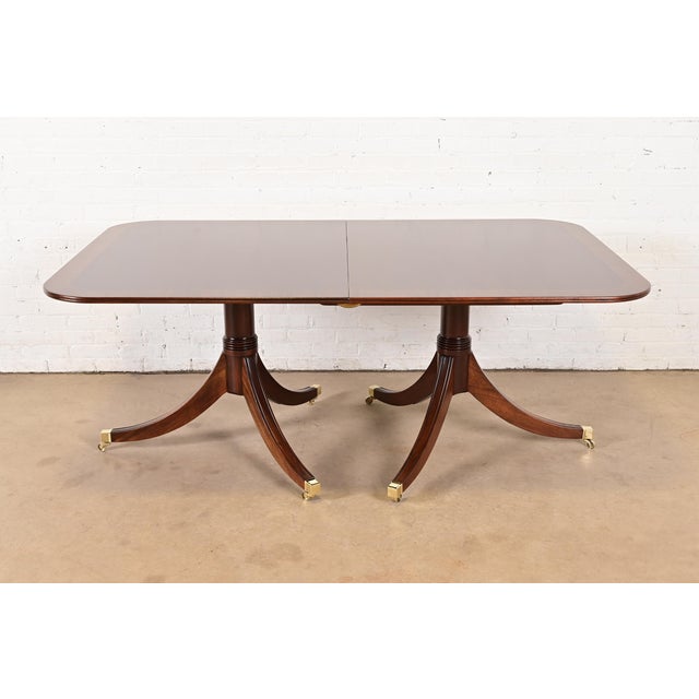 Wood Baker Furniture Style Georgian Banded Mahogany Double Pedestal Extension Dining Table, Newly Refinished For Sale - Image 7 of 13