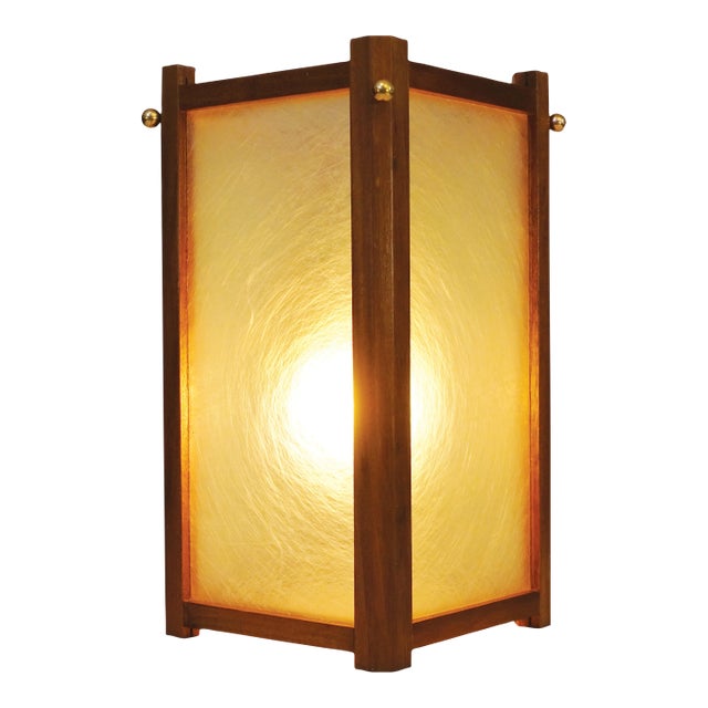 1950s Mid Century Modern Fiberglass Walnut Brass Lantern Hanging Swag Lamp For Sale