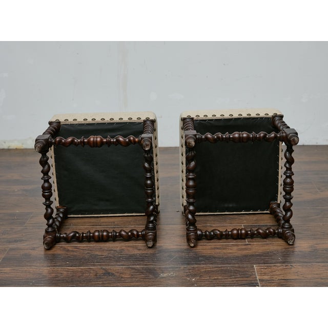 Pair of 19th-Century English Barley Twist Hardwood Stools with Linen Upholstery For Sale In Atlanta - Image 6 of 8