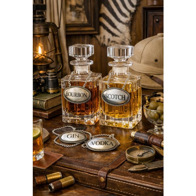 A pristine set of four silverplate decanter tags made by Godinger exclusively for The Bombay Company. Each tag features a...