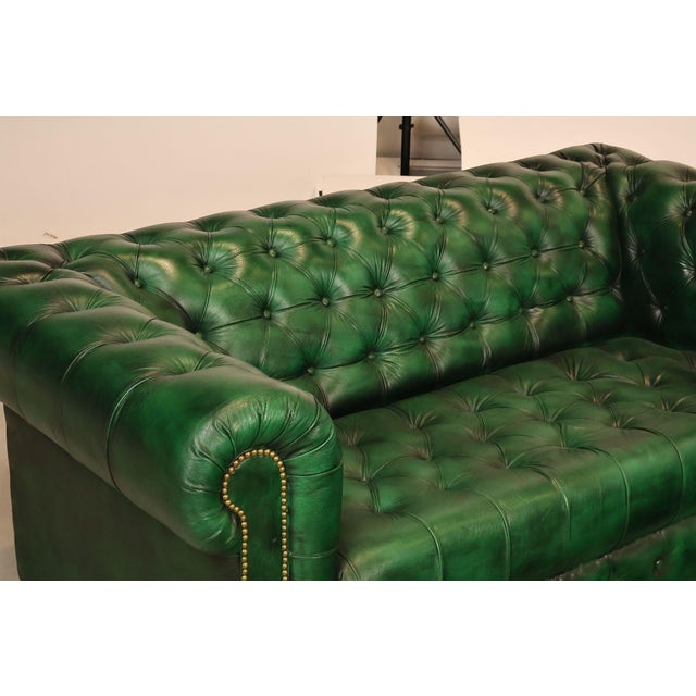 Chesterfield Style Green Leather Sofa For Sale - Image 4 of 16