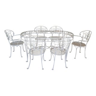 John Salterini Wrought Iron Dining Set, Oval Glass Top, 1940s, USA, 7 Pieces, Attributed For Sale