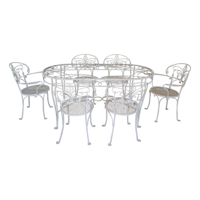 John Salterini Wrought Iron Dining Set, Oval Glass Top, 1940s, USA, 7 Pieces, Attributed For Sale