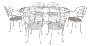 John Salterini Wrought Iron Dining Set, Oval Glass Top, 1940s, USA, 7 Pieces, Attributed