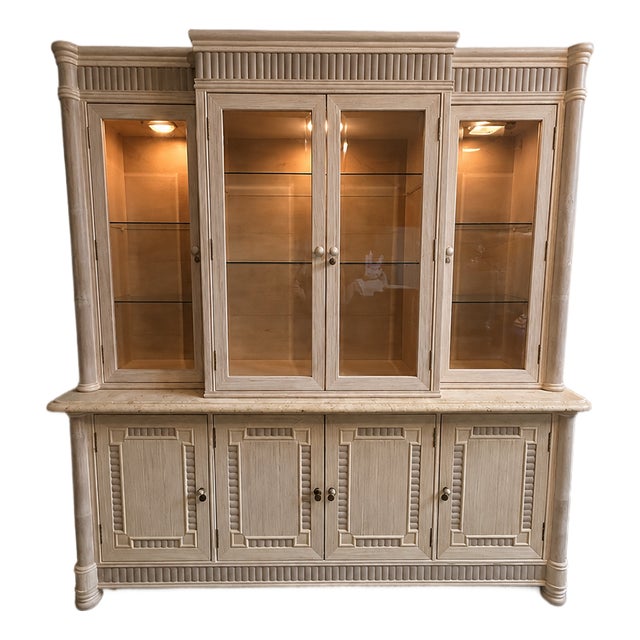 Late 19th Century Coastal Reeded Bamboo Buffet Cabinet Travertene Top and Display Hutch For Sale