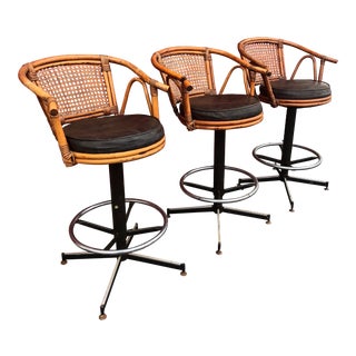 Vintage Mid Century Rattan Swivel Stools- Set of 3 For Sale