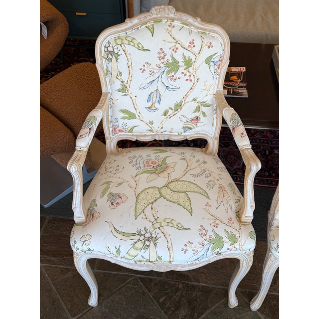 Textile Louis XV-Style Floral Upholstery Armchairs, Pair For Sale - Image 7 of 18