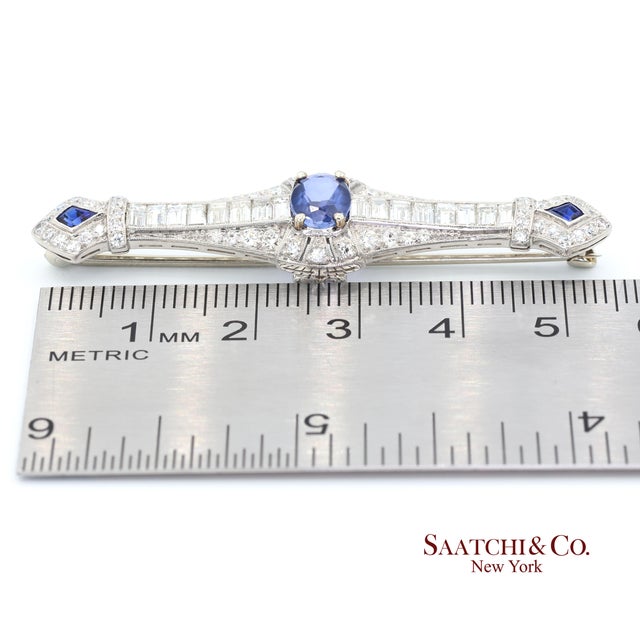 Metal Mid 20th Century Platinum 950 Natural Sapphire and Diamond Brooch For Sale - Image 7 of 9