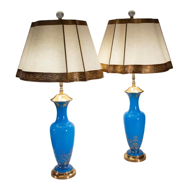 19th Century French Turquoise Opaline Glass Ormolu Table Lamps - Pair For Sale
