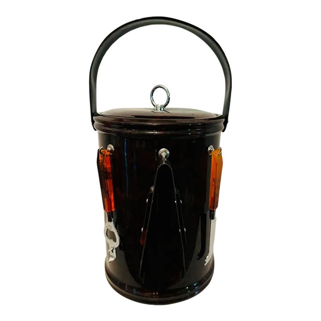 1970s George Briard Ice Bucket With Amber Lucite Tools For Sale