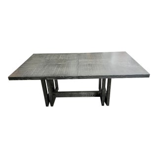 Vanguard Axis II Raked Gray Oak Trestle Dining Table with Leaves For Sale
