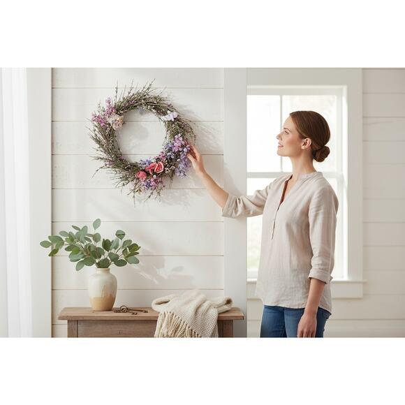 Field of Flowers Spring Summer Door Wreath 18" Crochet Feather Bird House Wall For Sale - Image 4 of 11