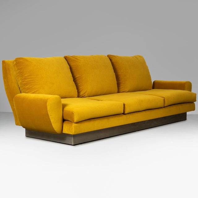 Metal Three-Seater Sofa and Poufs in Yellow Velvet1970, Set of 3 For Sale - Image 7 of 12
