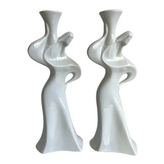 Pair of Naaman Porcelain Female Figure Candlestick Holders Made in Israel For Sale