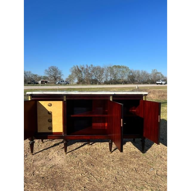 French Louis XVI Flam Mahogany Sideboard Carrera Marble Top 1900s For Sale - Image 12 of 18