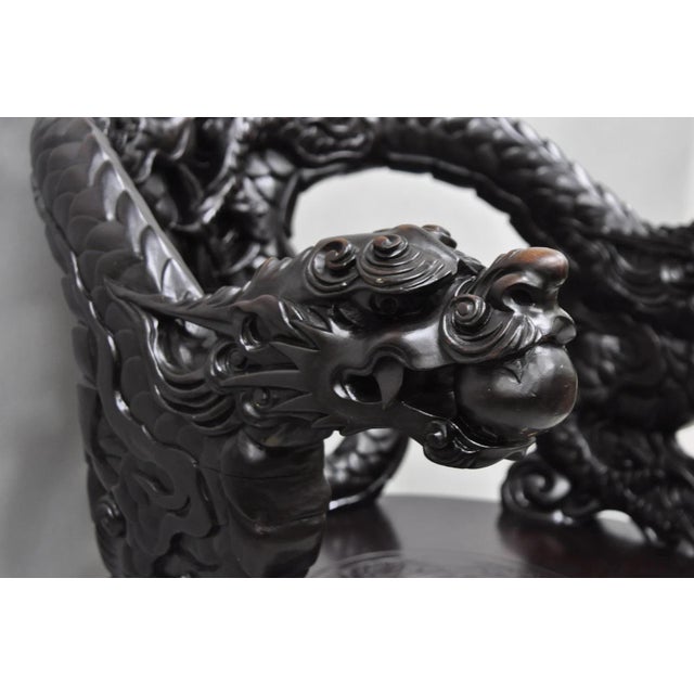 Chinoiserie Antique Japanese Dragon Carved Wood Export Oriental Palace Lounge Arm Chair For Sale - Image 3 of 18