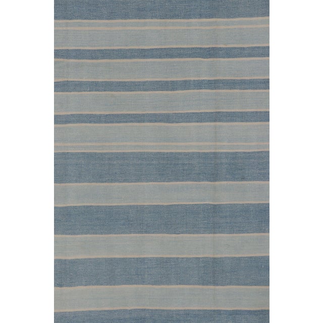 Traditional Vintage Dhurrie Rug With Blue and Gray Geometric Stripes - Rug & Kilim For Sale - Image 3 of 9