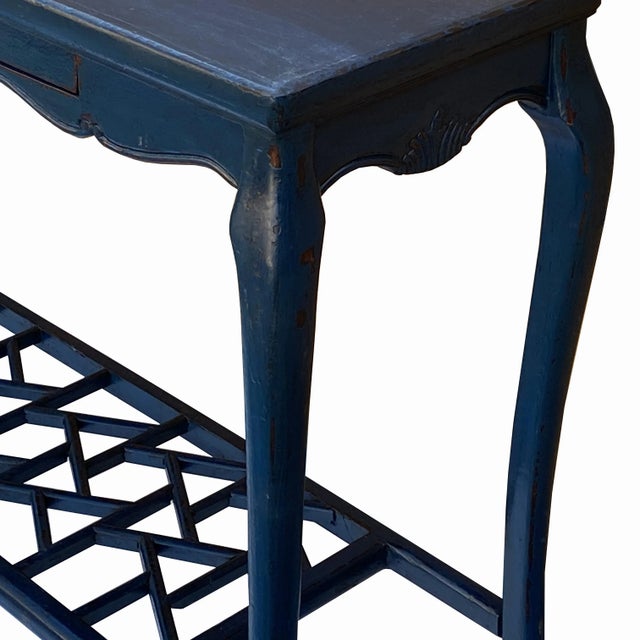 Wood Chinese Distressed Blue Lacquer Apron Curve Legs Console Side Altar Table For Sale - Image 7 of 9