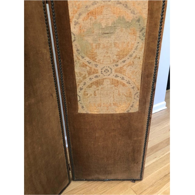 Brown Antique Velvet, Tapestry and Nail Heads Three-Panel Folding Screen For Sale - Image 8 of 9