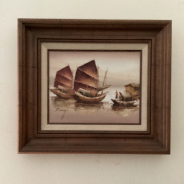 Vintage Painting of Mixed Media Chinese Junk Boats by Paul Wong Framed For Sale - Image 9 of 12
