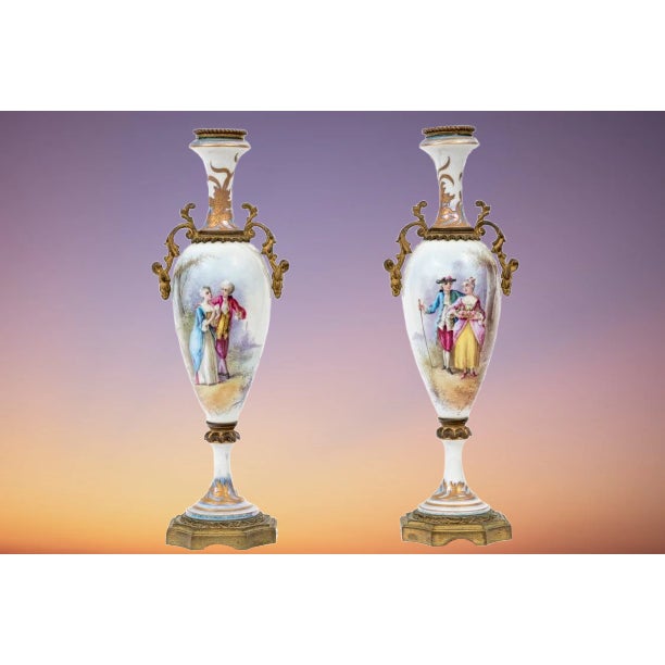 Pair of French Sèvres-Style Porcelain Vases With Gilt Bronze Mounts — Hand-Painted Gallant Scenes, Marked France, Late 19th C. For Sale - Image 11 of 11
