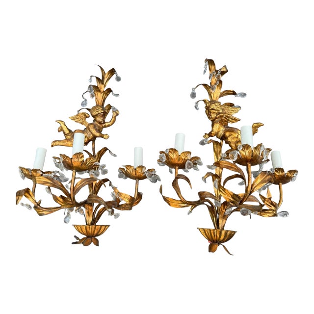 Pair of 29” Vintage Italian 3 Light Candelabra Wall Sconces W Prisms & Figural Cherubs For Sale