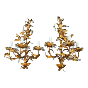 Pair of 29” Vintage Italian 3 Light Candelabra Wall Sconces W Prisms & Figural Cherubs