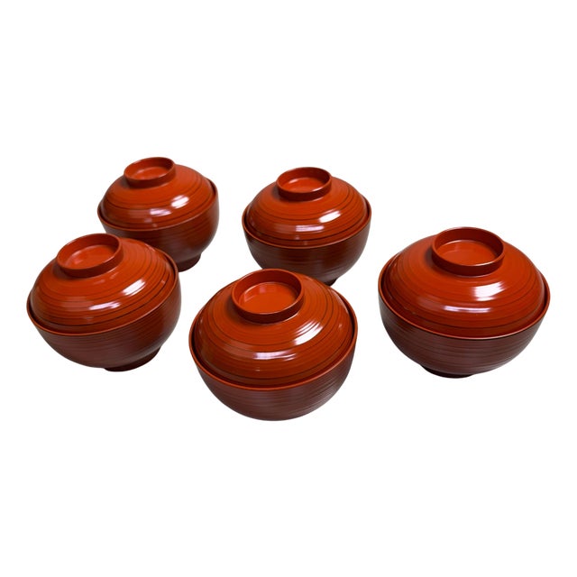 Vintage Japanese Lacquered Bowls with Lids from Yamanaka, 1980s, Set of 5 For Sale