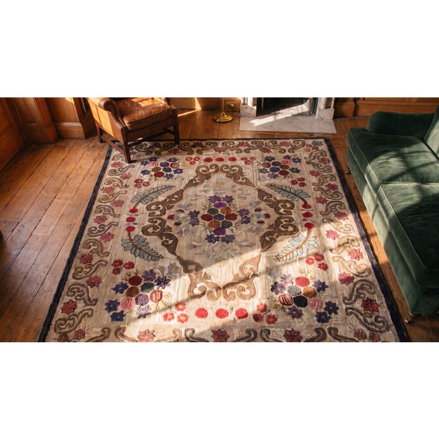 Textile Marvelous Ivory Ground Color and Adorable Details Floral-Medallion Desing Antique American Hooked Rug For Sale - Image 7 of 8