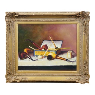 Late 20th Century Social Club Still Life Tobacco Pipes Oil Painting After William Michael Harnett For Sale