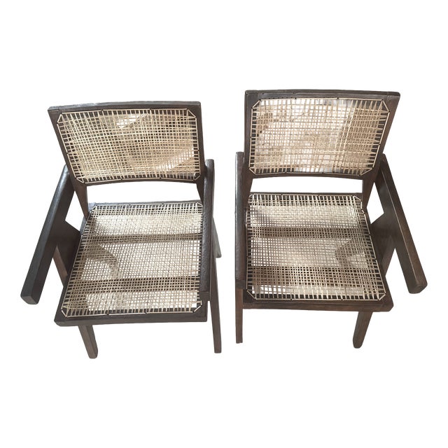 Cane Desk Chairs by Pierre Jeanneret for Chandigarh, 1956, Set of 2 For Sale