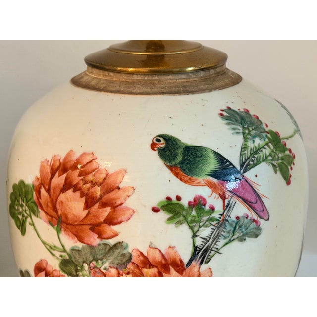 Pair of Chinese Famille Rose Chinoiserie Porcelain Handpainted Ginger Jar Table Lamps, Pink and Green Floral With Birds and Calligraphy For Sale - Image 4 of 18