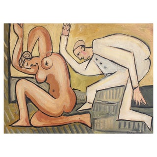 Berlin School Artist after Picasso, Kneeling Nude and Mysterious Figure, 1960s-70s, Oil on Board, Framed For Sale