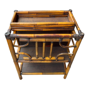 1940s Burnt Bamboo 2 Tier Magazine Stand With Sliding Tray at Top