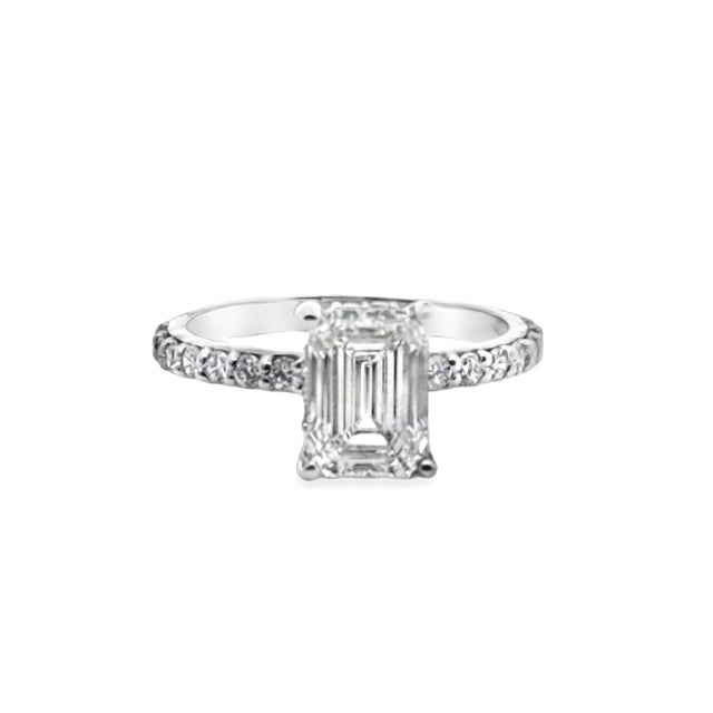 14 karat white gold. Emerald cut lab diamond center, 2.15ctw and round lab diamonds on the ring, 0.50ctw. F color, VS2...