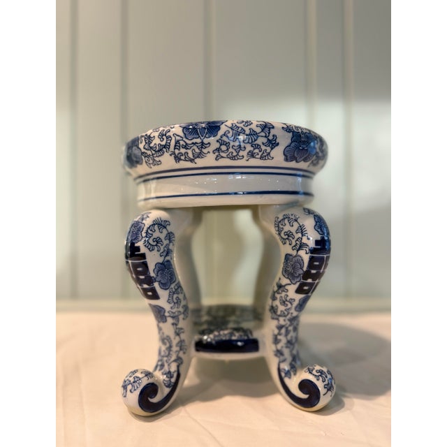 Vintage Blue & White Porcelain Pedestal Stand For Sale - Image 12 of 12