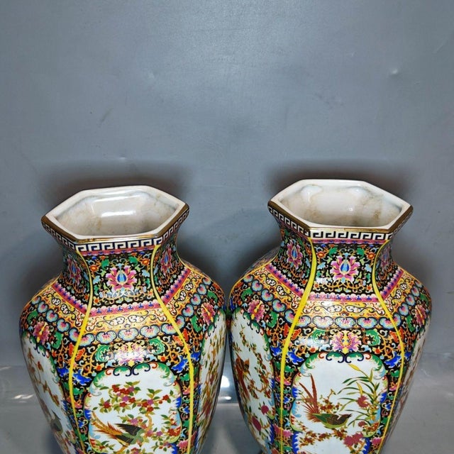 Mid 20th Century Famille Rose Hexagonal Porcelain Vases With Bird and Floral Motifs - Set of 2 For Sale - Image 9 of 9
