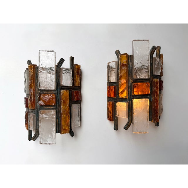 Metal 1970s Hammered Glass Wrought Iron Sconces by Longobard - Set of 4 For Sale - Image 7 of 12
