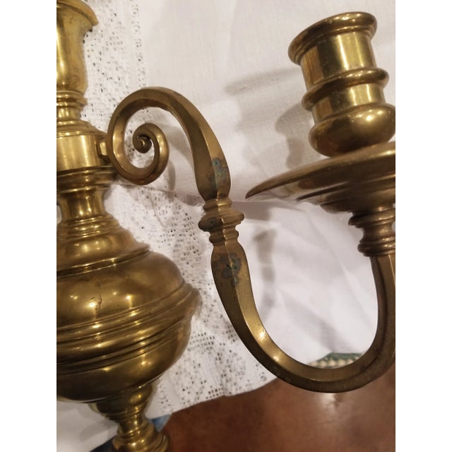 Traditional Vintage Heavy Brass Colonial Style Candle Sconces For Sale - Image 3 of 6