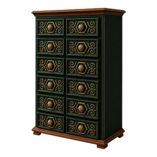 Late 20th Century Emerald Green & Gold Gilded Carved Wood Dresser – 54” Tall Chest, Walnut Top, Faux Double Drawer Design (Emerald City Collection) For Sale
