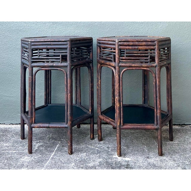 Coffee Vintage Asian Fretwork Burnt Bamboo Side Tables - A Pair For Sale - Image 8 of 12