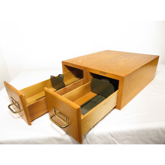 Industrial Oak Wood 2 Drawer Card Catalog Index File Cabinet Library Recipe Storage For Sale - Image 9 of 13