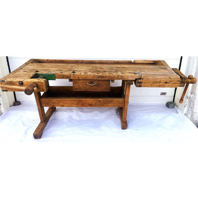 Beige Carpenters Workbench with Drawer and Trough, 1900s For Sale - Image 8 of 18
