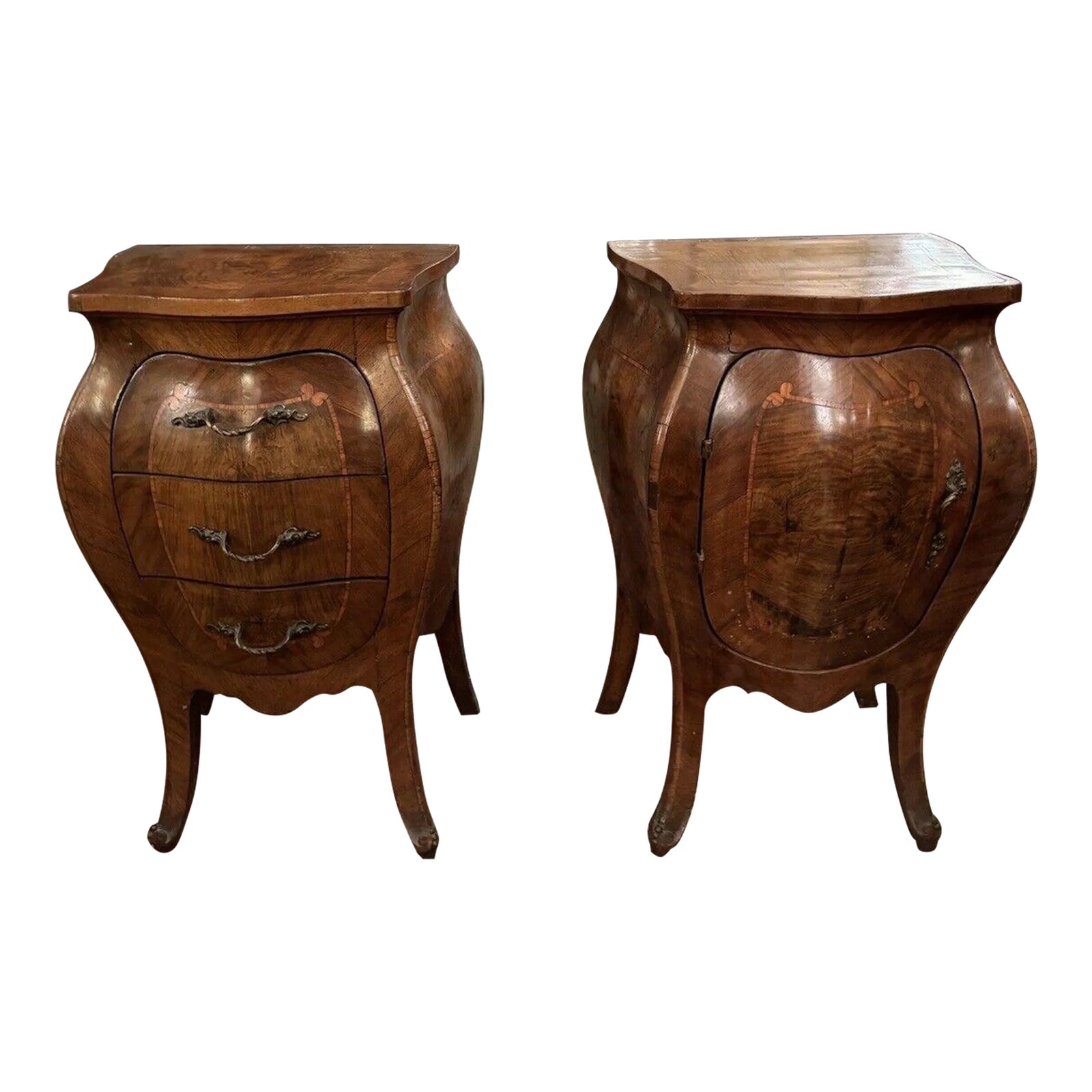 Pair of Petite Antique Bombe Chests With Inlay and Drawers and Shelving