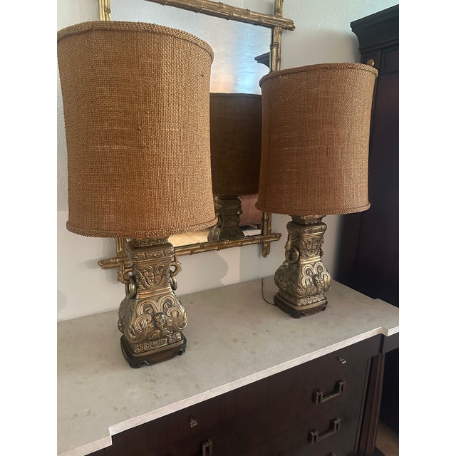 Vintage Brass Urn Table Lamps With Elaborate Asian-Inspired Relief - Pair For Sale - Image 9 of 11
