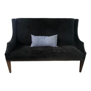 Lee Industries Black Velvet Settee With Brass Nailhead Trim For Sale